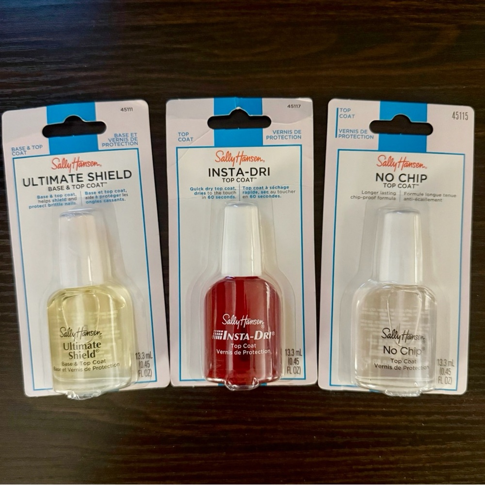 Sally Hansen Top Coat Trio – No Chip, Insta-Dri, Ultimate Shield Nail Polish Lot
